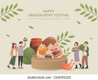 Happy people and traditional food for Chinese Dragon Boat Festival: Zongzi, sticky rice wrapped in bamboo leaves, poster with elements of Dragon Boat Festival