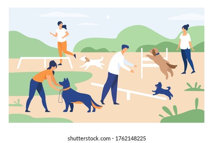 Happy people training dogs on jumping equipment in city park area. Vector illustration can be used for animal care, pets, hobby, community, lifestyle, friends, fun concept