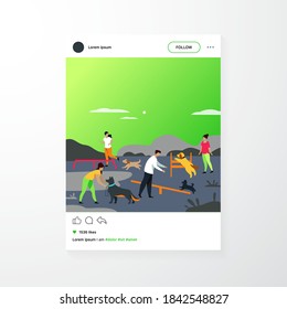 Happy people training dogs on jumping equipment in city park area. Vector illustration can be used for animal care, pets, hobby, community, lifestyle, friends, fun concept