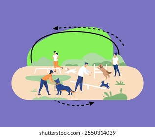 Happy people training dogs on jumping equipment in city park area. Vector illustration can be used for animal care, pets, hobby, community, lifestyle, friends, fun concept