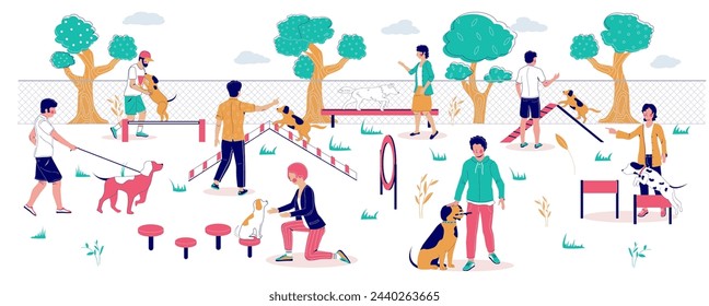 Happy people training pets at dog walking area vector illustration. Man and woman teaching puppies on jumping equipment, climbing ladders and obstacles. Owners and domestic animals pastime outdoors