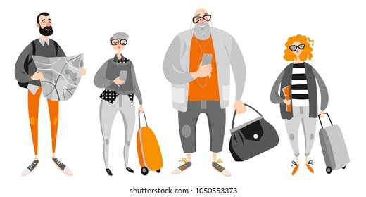 Happy people travel. Set of vector illustrations of people with luggage on white background.