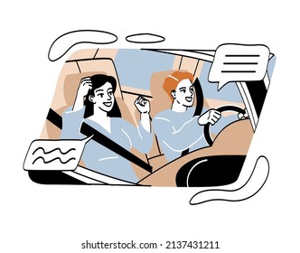 Happy people traveling abstract concept. Young man and woman sitting in car and driving to another city or country. Vehicle for tourism. Cartoon modern flat vector illustration in doodle style