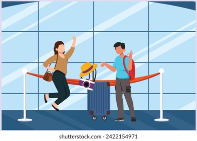Happy people traveling at airport. Concept of passenger activities at the airport. Colored flat vector illustration isolated.	