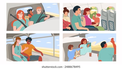 Happy people traveling in planes, trains and buses, looking outside windows at sceneries, landscapes. Scenes with passengers in transport. Tourism concept. Colored flat graphic vector illustration.