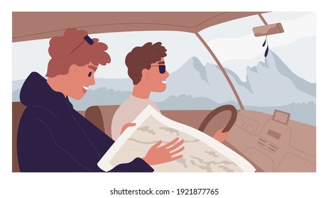 Happy people traveling together by car and looking for route in map. Male friends on their mountain trip with landscape on background. Colored flat cartoon vector illustration of man driving auto