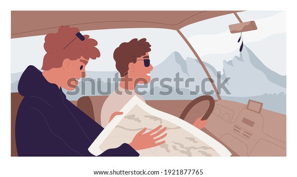 Happy people traveling together by car and looking\
for route in map. Male friends on their mountain trip with\
landscape on background. Colored flat cartoon vector illustration\
of man driving auto
