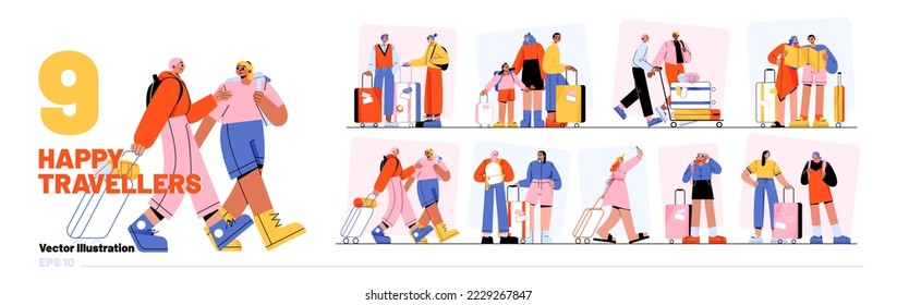 Happy people travelling set isolated on white background. Flat vector illustration of family, friends, couple enjoying vacation trip. Male and female tourists with bags in airport, at railway station