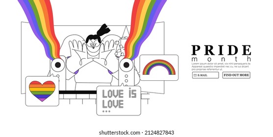 Happy people turn on loudspeaker announcing the beginning of pride month or week celebration against violence, descrimination, human rights violation. Lgbtq greeting card, banner, placard or poster.