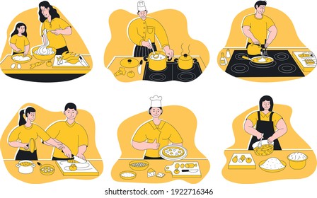 Happy people in uniform cooking dinner on home kitchen set. Couple, mother and daughter, chef and maid prepare food snack standing at tabletop scene vector illustration isolated on white background