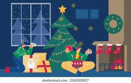 Happy people unwrapping gifts from secret Santa, flat vector illustration. Decorated room with Christmas tree, stockings on fireplace and wreath. Man and woman receiving presents.