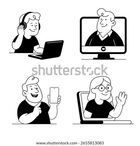 Happy People Using Digital Devices: Set of Cartoon Illustrations Featuring Online Communication, Video Calls, Smartphone Interaction, and Virtual Meetings for Modern Technology and Remote Work Concept