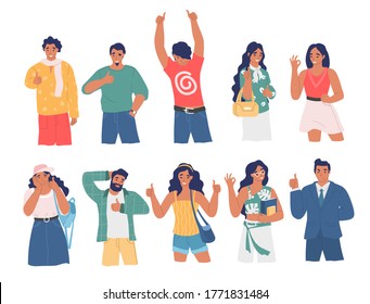 Happy people using ok and thumb up hand gestures while speaking, vector flat isolated illustration. Male and female characters expressing positive emotions and agreement. Consent and approval gestures