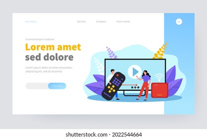 Happy people using remote control and smart tv box for watching video. Media player interface on huge monitor. Vector illustration for internet, entertainment, watching movie concept