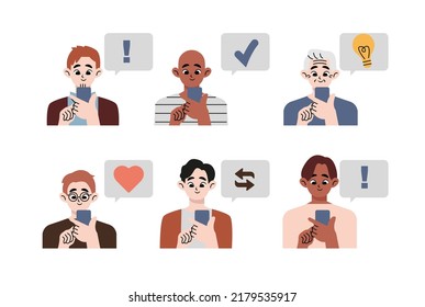 Happy people using smartphones with good expressions. Man holding a phone to texting, read online news, chatting, play games, social media, usability. Flat style vector illustration