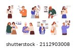 Happy people using smartphones. Men and women, users of mobile phone apps for chatting, calling online, playing, watching videos and shopping. Flat vector illustrations isolated on white background