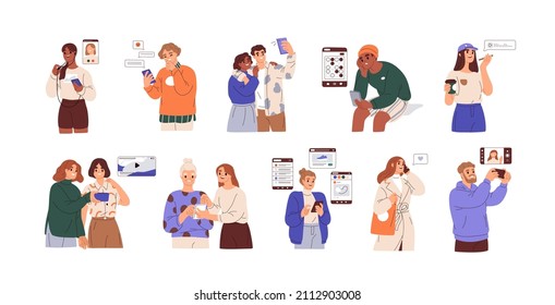 Happy people using smartphones. Men and women, users of mobile phone apps for chatting, calling online, playing, watching videos and shopping. Flat vector illustrations isolated on white background