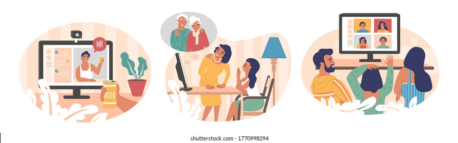 Happy people using video chat app, vector flat isolated illustration. Friends, families communicating via computer and internet connection. Video conferencing technology, group chat application.