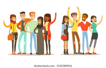 Happy People of Various Nationalities Showing Victory Sign Gestures Vector Illustration