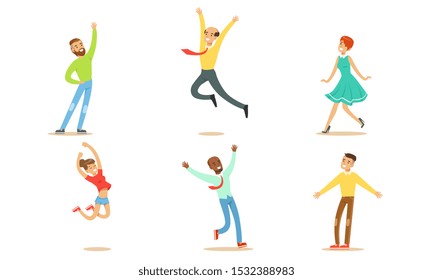 Happy People in Various Poses Set, Young Men and Women Rejoicing at an Important Event Vector Illustration