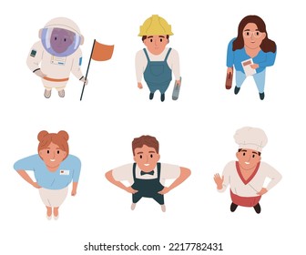 Happy people of various professions looking up flat set with top view of chef builder astronaut office worker isolated vector illustration