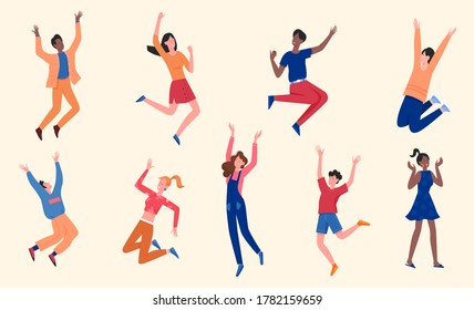 Conjunto de ilustraciones vectoriales de personas felices. Caricatura hombre plano mujer personajes jóvenes con ropa informal se divierten y saltan, muchacha bailarina adolescentes bailan con alegría, amigos felicidad sonrisa aislada en blanco