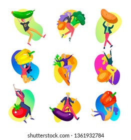 Happy People with vegetables jumping and dansing. Vegetarianism, healthy lifestyle. Veggie recipe, vegetarian diet, meat abstaining, eco friendly. Colorful vector illustration