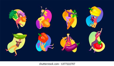 Happy People with vegetables jumping and dansing. Vegetarianism, healthy lifestyle. Veggie recipe, vegetarian diet, meat abstaining, eco friendly. Colorful vector illustration