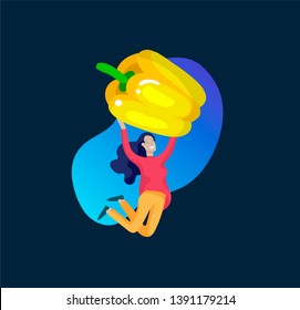 Happy People with vegetables jumping and dansing. Vegetarianism, healthy lifestyle. Veggie recipe, vegetarian diet, meat abstaining, eco friendly. Colorful vector illustration