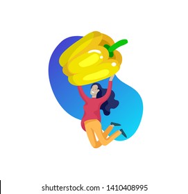 Happy People with vegetables jumping and dansing. Vegetarianism, healthy lifestyle. Veggie recipe, vegetarian diet, meat abstaining, eco friendly. Colorful vector illustration