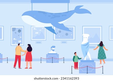 Happy people visiting art gallery vector illustration. Couples and children enjoying paintings and sculptures, whale installation on ceiling. Art exhibition, culture, education concept