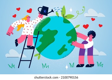 Happy people volunteer water with can huge earth take care of environment. Smiling kind female activists treat planet think of nature conservation. Environmental safety. Vector illustration. 