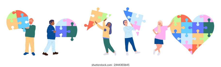 Happy people volunteers cartoon characters holding connected puzzle pieces in hands isolated set