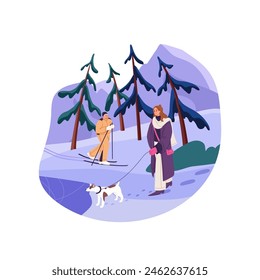 La gente feliz camina al aire libre en invierno. Niña pasea a su perro con correa en el parque de nieve. Hombre mayor con estilo de vida activo esquiando alrededor de abetos en Clima frío. Ilustración vectorial plana aislada sobre blanco