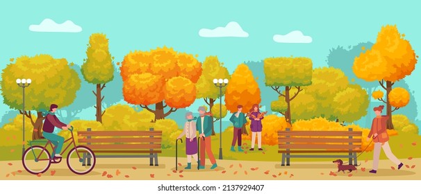 Happy people walk in public park in autumn. Cartoon boy riding bicycle, girl walking with dog pet. Elderly couple with sticks, young man and woman collecting foliage vector. Outdoor activities