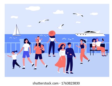 Happy people walking along sea on quay isolated flat vector illustration. Cartoon characters relaxing at seaside and watching boats. Summer activity and vacation concept