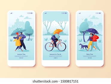 Happy people walking in autumn rain, concept for website or web page. Couple walking under umbrella, businessman rides to work on bicycle, young couple walking dog. Mobile app page onboard screen set.