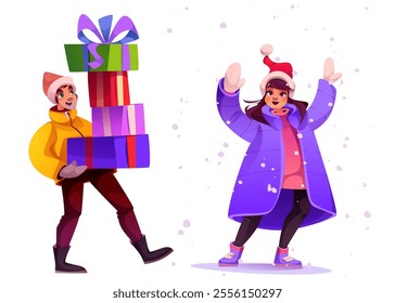 Happy people walking with Christmas gifts, enjoying snow. Vector cartoon illustration of young man carrying present boxes, excited woman in Santa hat playing on winter street, holiday mood in city