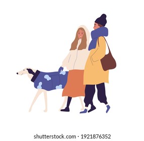 Happy people walking with dog in winter time. Scene of friends strolling with pet outdoors in wintertime. Colored flat vector illustration of women in warm clothes isolated on white background