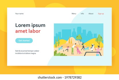 Happy people walking with dogs at city park isolated flat vector illustration. Cartoon characters training their pets in special area. Animals and outdoor activity concept