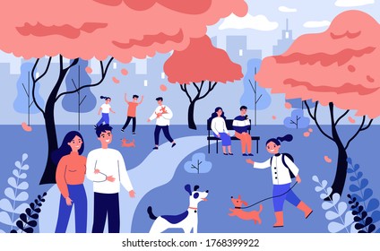 Happy people walking dogs in spring park. Men and women with pets among trees with pink blossoms flat vector illustration. Outdoor activity concept for banner, website design or landing web page