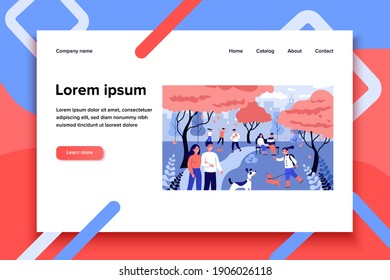 Happy people walking dogs in spring park. Men and women with pets among trees with pink blossoms flat vector illustration. Outdoor activity concept for banner, website design or landing web page