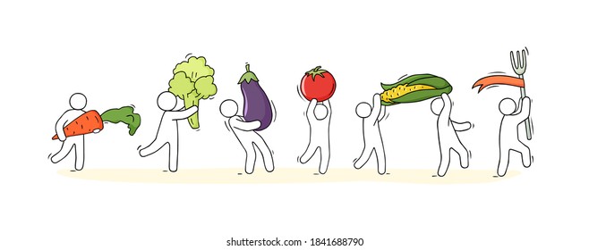 Happy people walking with fresh vegetables. Doodle cute illustration about the healthy food. Isolated vector about vegetarian natural nutrition.