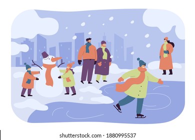 Happy people walking and having fun in winter park isolated flat vector illustration. Cartoon kids making snowman, guy skating. Winter activities and snowy landscape concept