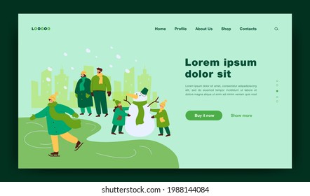 Happy people walking and having fun in winter park isolated flat vector illustration. Cartoon kids making snowman, guy skating. Winter activities and snowy landscape concept