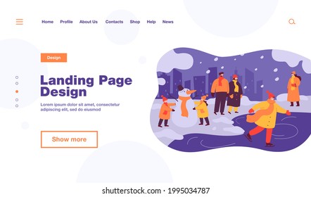 Happy people walking and having fun in winter park isolated flat vector illustration. Cartoon kids making snowman, guy skating. Winter activities and snowy landscape concept