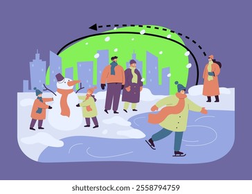 Happy people walking and having fun in winter park isolated flat vector illustration. Cartoon kids making snowman, guy skating. Winter activities and snowy landscape concept