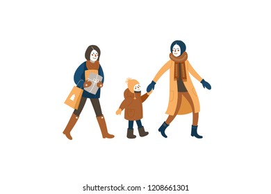 Happy people walking. Holiday  shopping. Greeting card. 