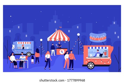 Happy people walking at night market isolated flat vector illustration. Cartoon characters eating fast food from street stall or booth. Summer activity and fair concept