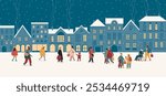 Happy people walking on street on winter holidays. Christmas city panorama. European Old town at Xmas eve with cozy buildings. Snowy cityscape. Flat vector illustration